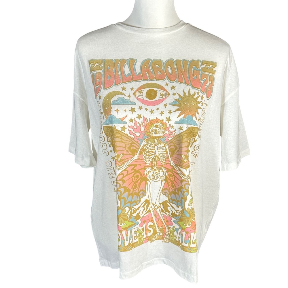 Billabong Graphic Tee NWT Womens XS White Love Is All Cosmic Butterfly oversized